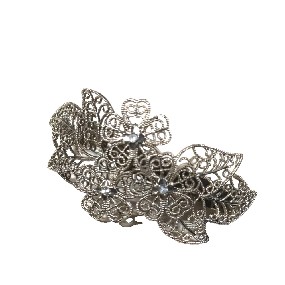 Hair Barrette Tension Clip Silver Black Tone Floral Rhinestone